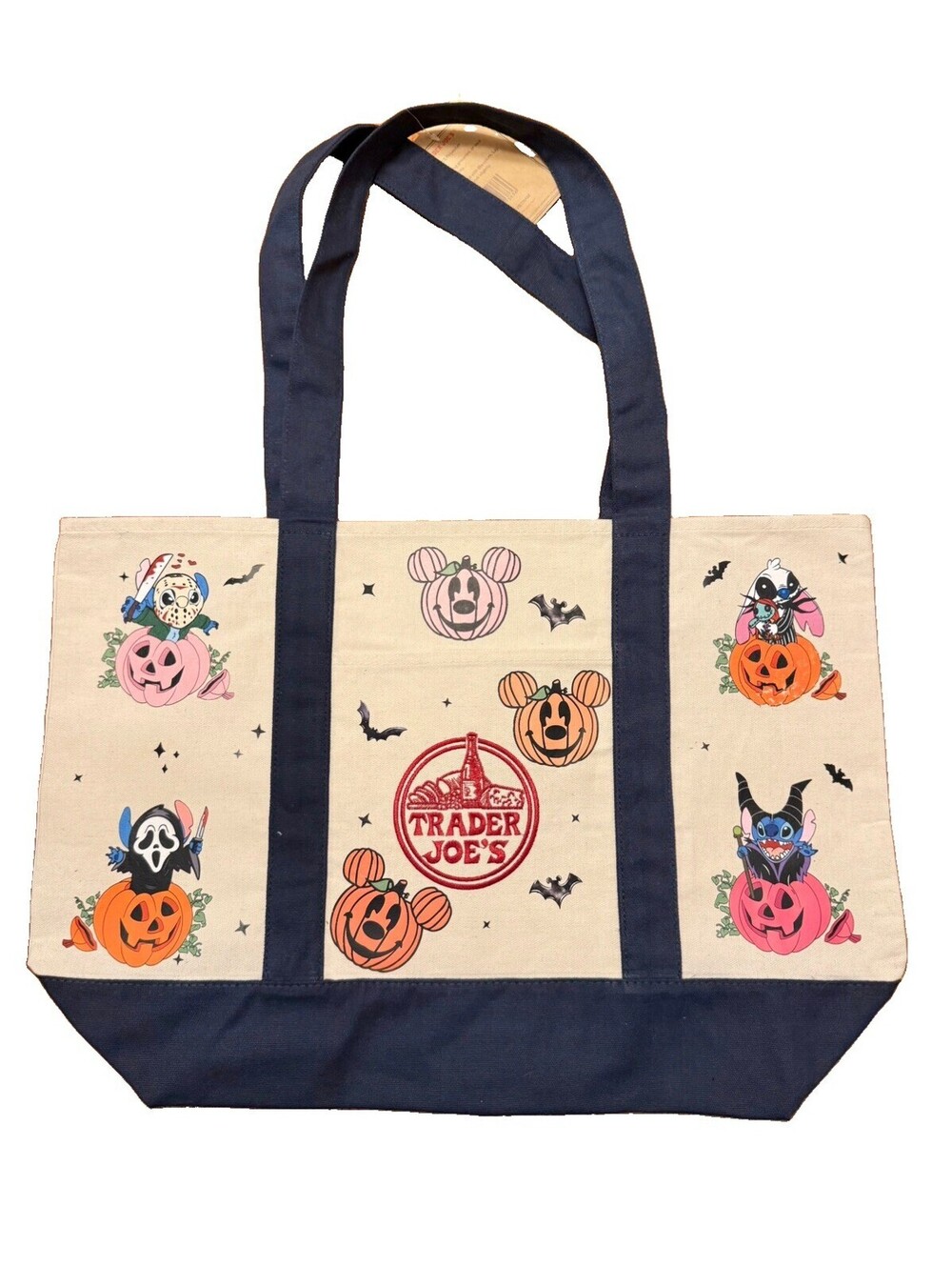 Trader Joe's Disney Stitch Horror Themed Canvas Tote Bag with Purple handles